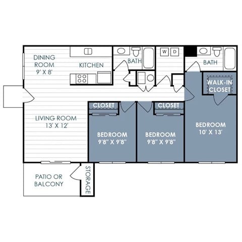 Floor plan for 3 beds, 2 baths, 1125 sqft